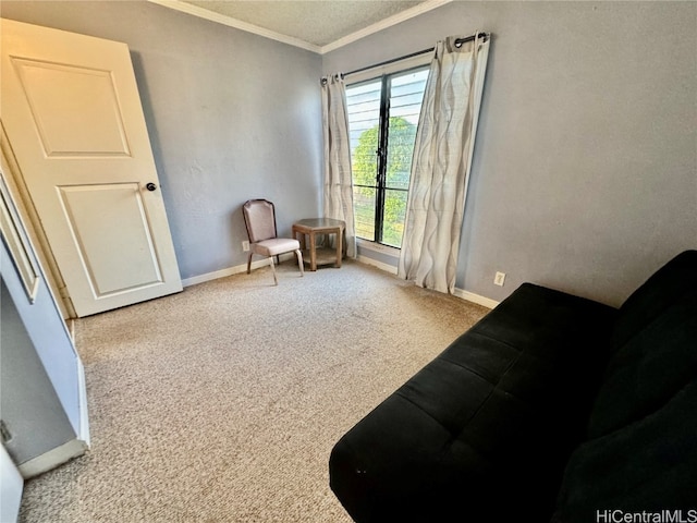 sitting room with light carpet and crown molding