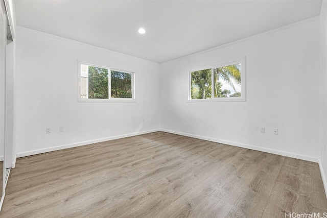 empty room featuring ornamental molding, light hardwood / wood-style floors, and a healthy amount of sunlight