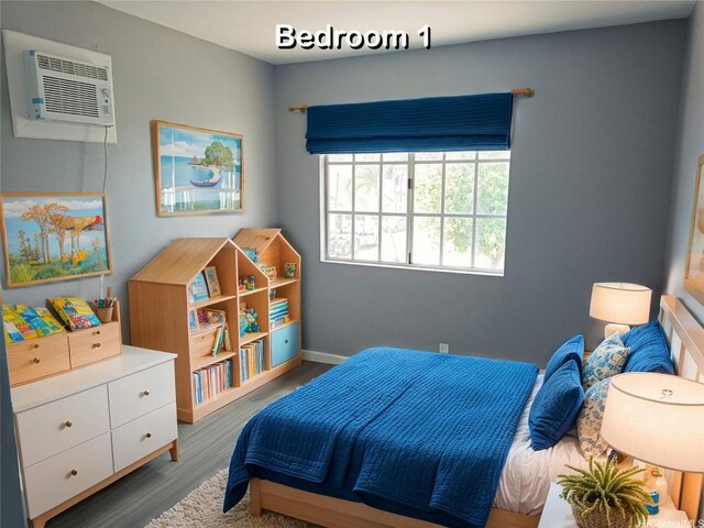 91-1021 Kuina St Unit 119, Ewa Beach, HI 96706 - bedroom featuring wood finished floors, an AC wall unit, and baseboards