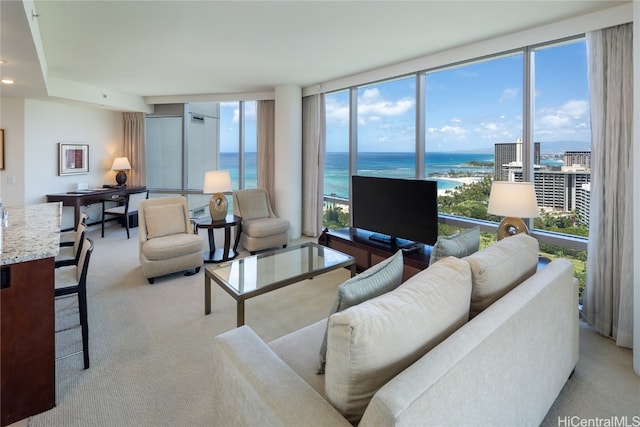 living room featuring light carpet, plenty of natural light, and floor to ceiling windows