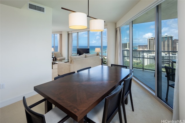 dining area with a water view and light carpet