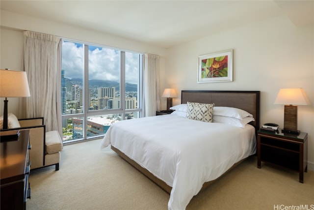 bedroom featuring light carpet