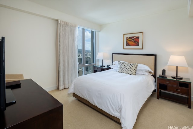 bedroom with light carpet