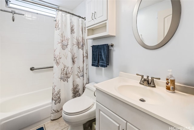 full bathroom with vanity, shower / bath combo, toilet, and tile patterned flooring