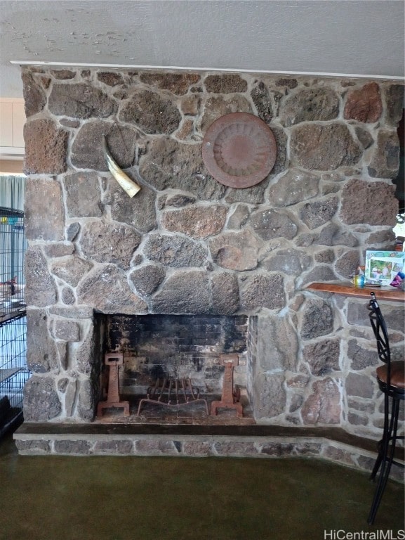 interior details featuring a stone fireplace