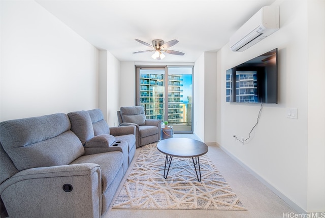 living room featuring a wall mounted AC, carpet flooring, and ceiling fan