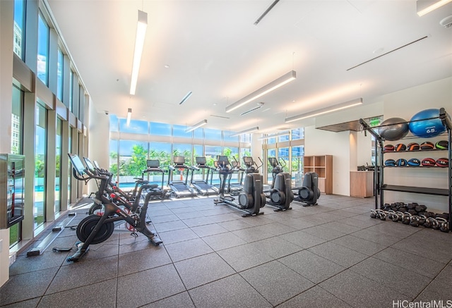 workout area featuring a wall of windows