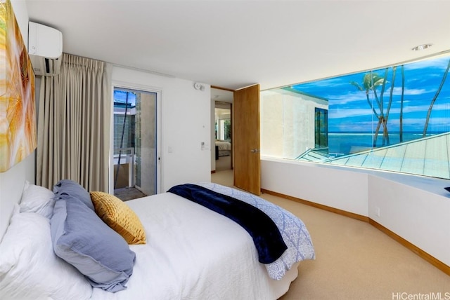 bedroom with a wall mounted air conditioner, access to exterior, and light carpet