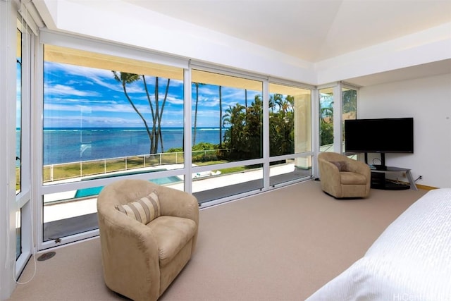 carpeted bedroom with lofted ceiling