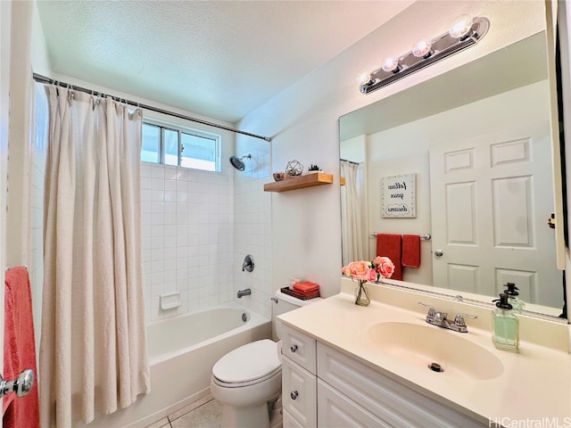 full bathroom featuring a textured ceiling, toilet, tile patterned floors, vanity, and shower / bathtub combination with curtain