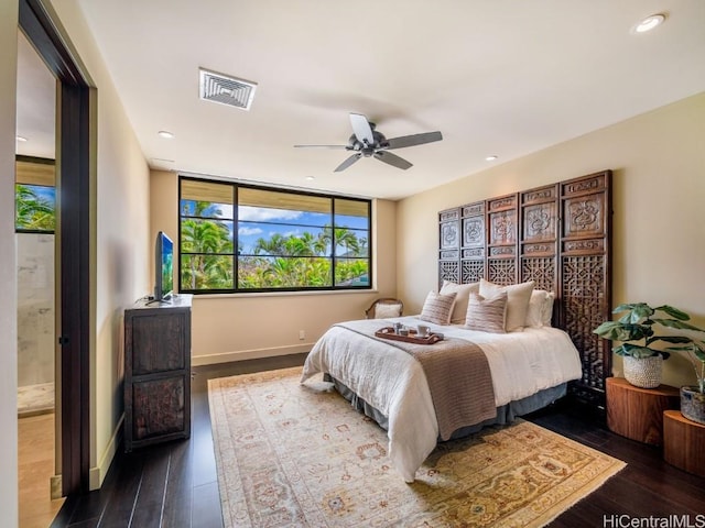 bedroom featuring dark wood-type flooring and ceiling fan