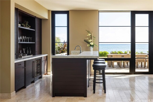 bar featuring built in shelves, dark brown cabinets, a water view, and beverage cooler