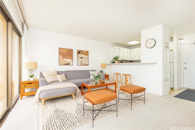 living room with light carpet and a textured ceiling