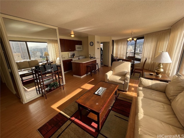 living room with a textured ceiling and hardwood / wood-style flooring