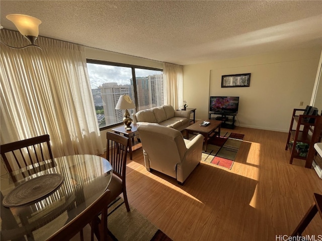 living room with a textured ceiling and light wood-type flooring