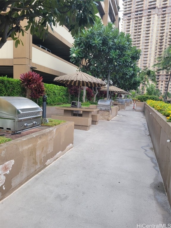 view of community with a patio and exterior kitchen