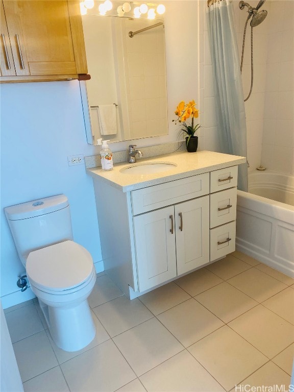 full bathroom with vanity, tile patterned floors, toilet, and shower / bathtub combination with curtain