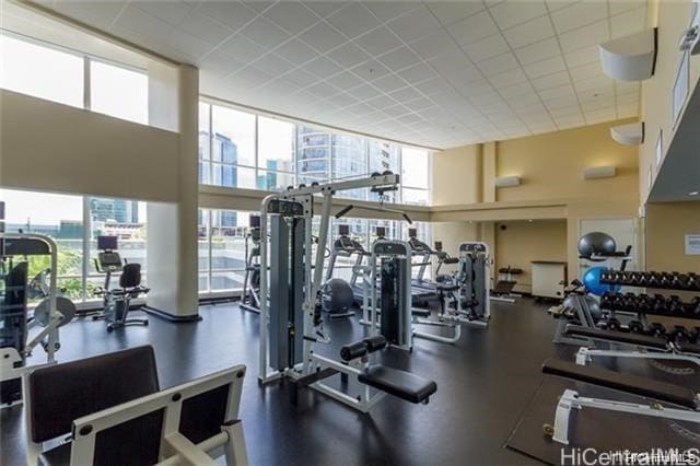 workout area featuring a paneled ceiling and a towering ceiling