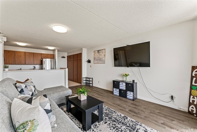 living room featuring a textured ceiling and hardwood / wood-style flooring