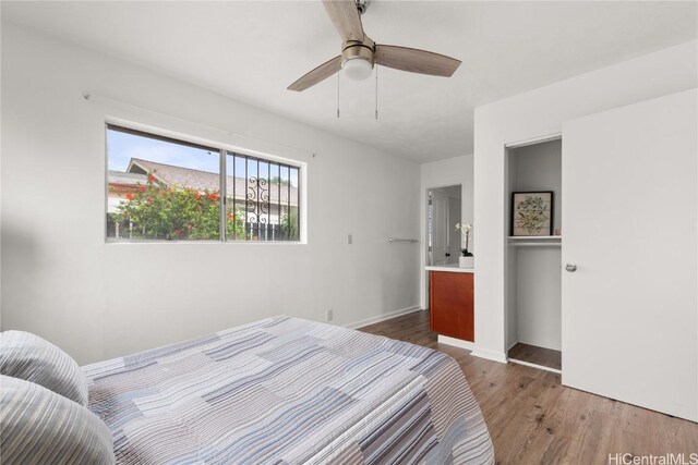 bedroom featuring hardwood / wood-style flooring and ceiling fan