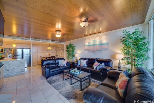 living room featuring ceiling fan, wood ceiling, and rail lighting