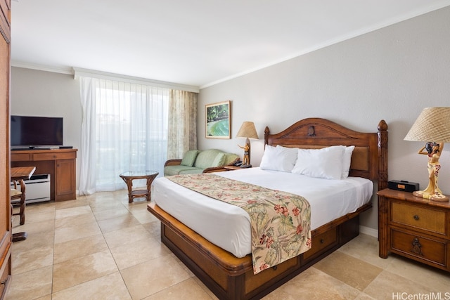 tiled bedroom featuring crown molding