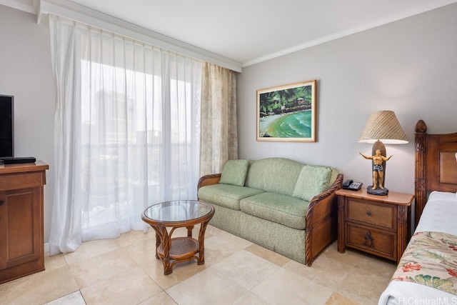 living room featuring ornamental molding and light tile patterned floors