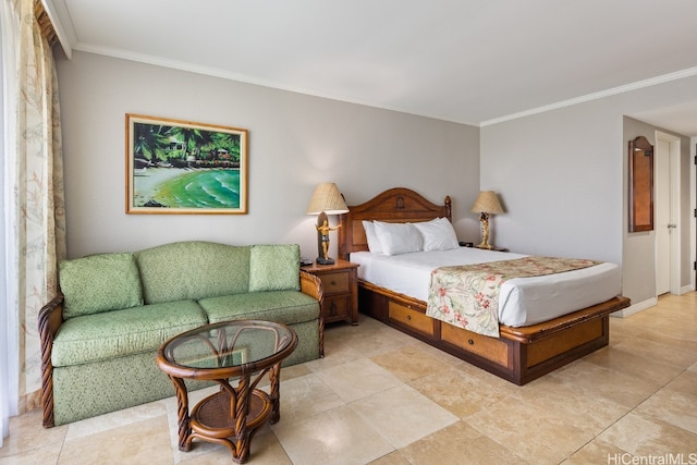 bedroom with ornamental molding and light tile patterned floors