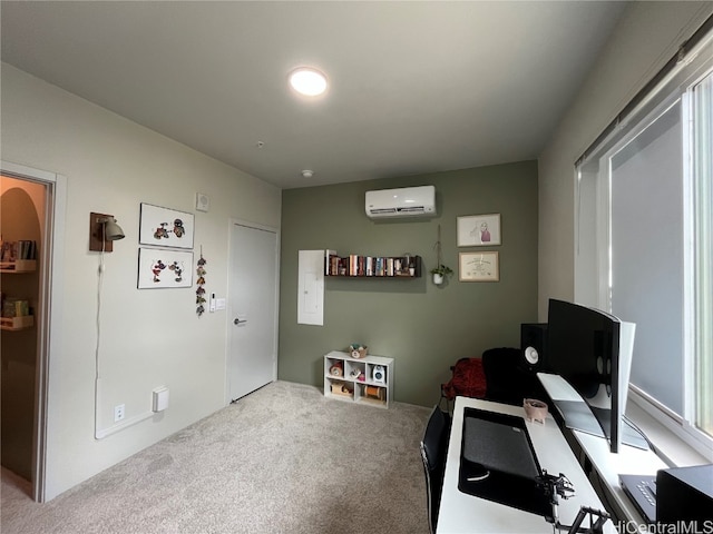 carpeted office with an AC wall unit