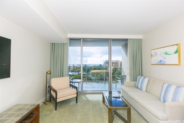 living room featuring a wall of windows and carpet flooring