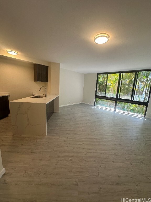 unfurnished living room with dark hardwood / wood-style floors and sink