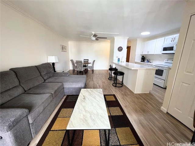 living room featuring hardwood / wood-style flooring, ornamental molding, and ceiling fan