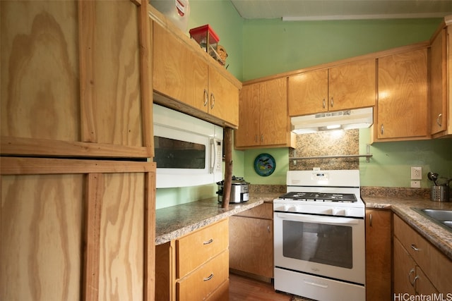 kitchen with dark hardwood / wood-style floors and white appliances