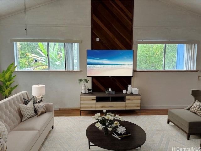 living room featuring a healthy amount of sunlight, light wood-type flooring, and wooden walls