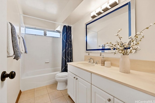 full bathroom with shower / bath combo, vanity, tile patterned floors, and toilet