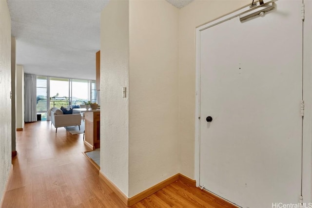 hallway with expansive windows, hardwood / wood-style floors, and a textured ceiling