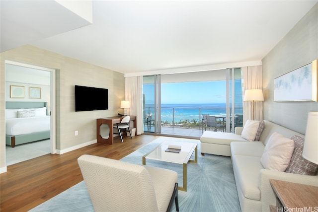 living room with hardwood / wood-style flooring and a wall of windows