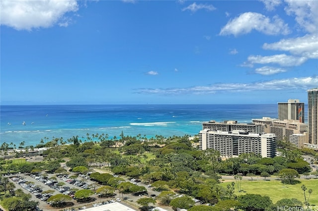 bird's eye view with a water view