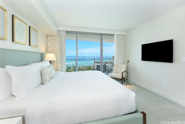 bedroom with access to outside and light colored carpet