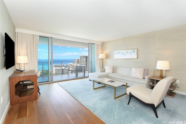 living room featuring a water view, light hardwood / wood-style floors, and expansive windows