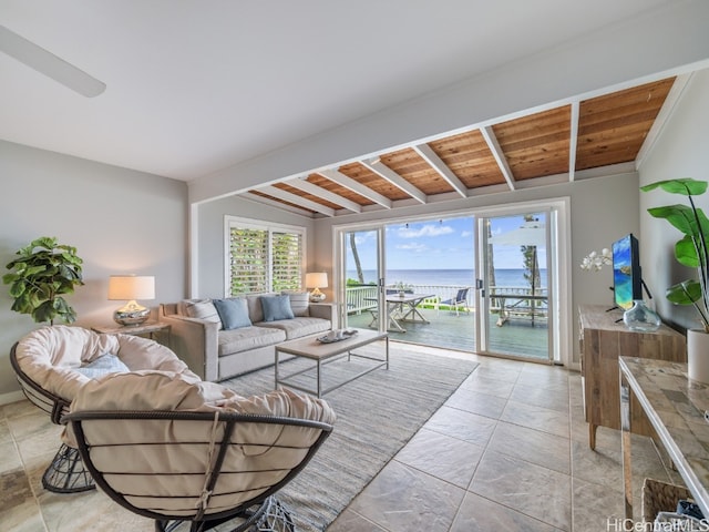 living room featuring wood ceiling and vaulted ceiling with beams