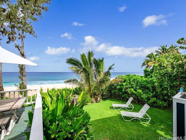 view of yard featuring a water view and a beach view