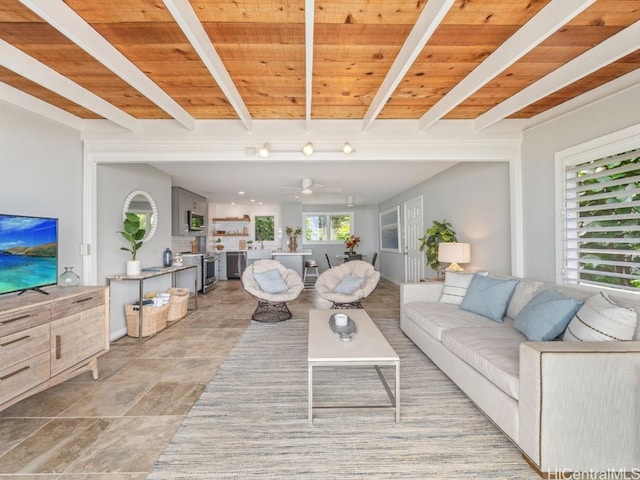 living room featuring ceiling fan, wooden ceiling, and beam ceiling