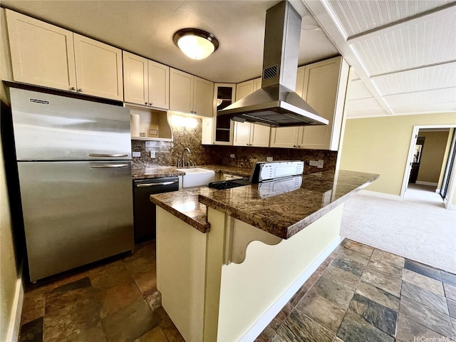 2215 Aloha Dr Unit 701, Honolulu, HI 96815 - kitchen with freestanding refrigerator, island range hood, dishwasher, range, and dark countertops