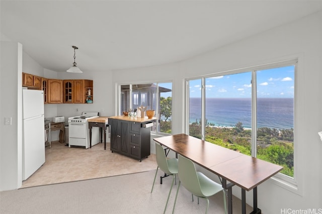 kitchen with a water view, light countertops, light carpet, brown cabinets, and white appliances