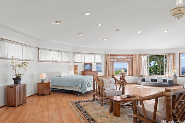 bedroom featuring light wood-style flooring and recessed lighting