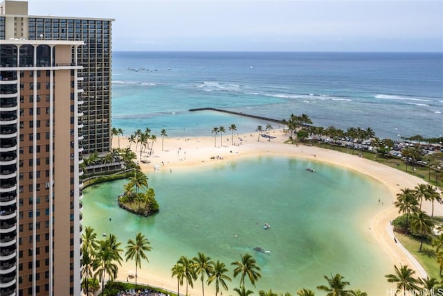 view of water feature with a beach view