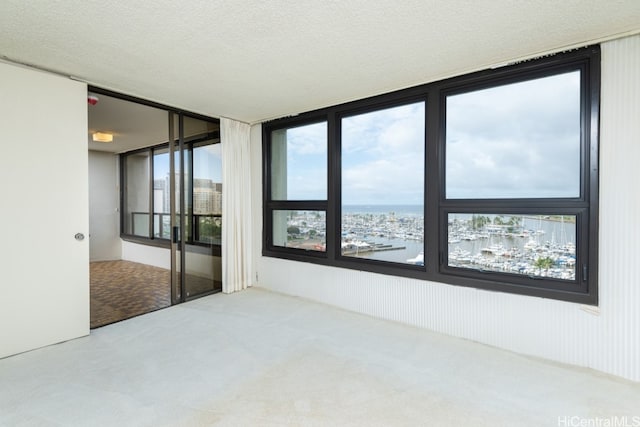 carpeted spare room with a water view and a textured ceiling