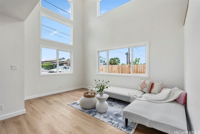 living room featuring light hardwood / wood-style flooring and a towering ceiling