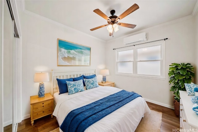 bedroom featuring an AC wall unit, ornamental molding, ceiling fan, and dark hardwood / wood-style flooring